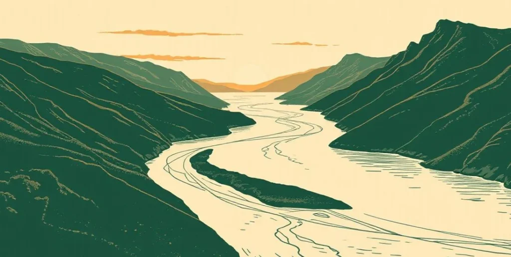 Illustration of a river winding from mountain springs through valleys to the sea