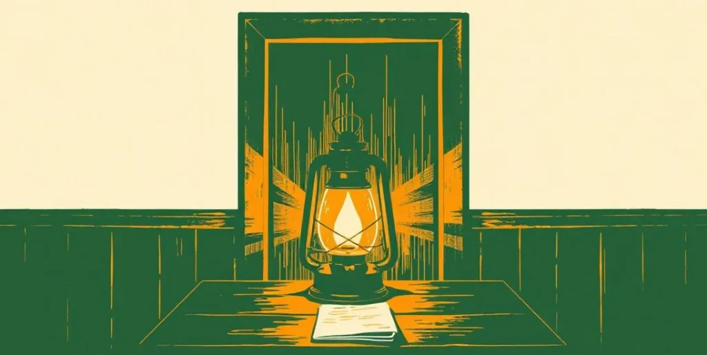 Illustration of a lit oil lantern casting warm rays across a dark room