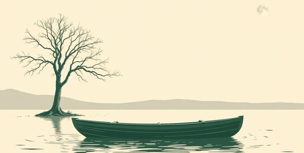Illustration of an empty rowboat on a misty lake beside a lone bare tree
