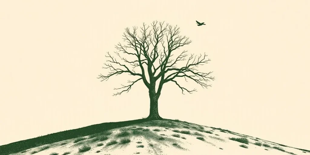 Illustration of a lone bare tree on a hill under a gray sky