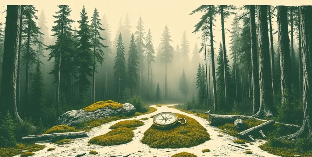 Illustration of an old compass on moss at a foggy forest crossroads
