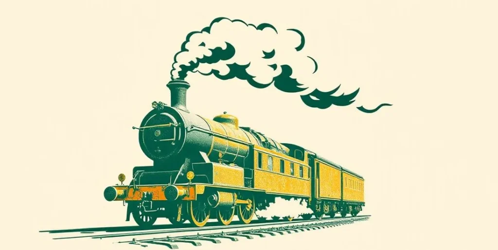 Illustration of a steam locomotive thundering down the tracks under billowing steam