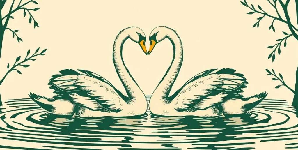 Illustration of two swans forming a heart shape on a lake