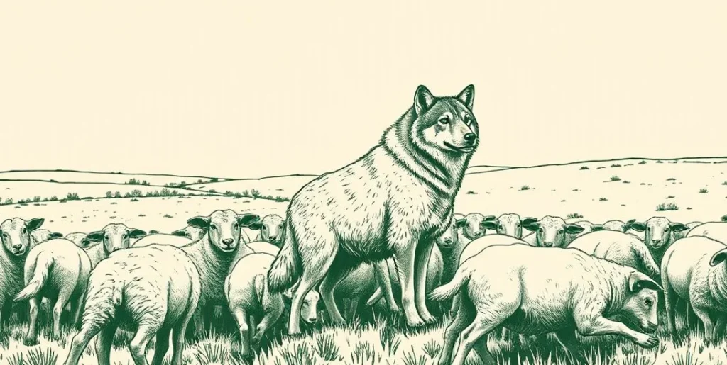 Illustration of a wolf in a sheepskin hiding among grazing sheep
