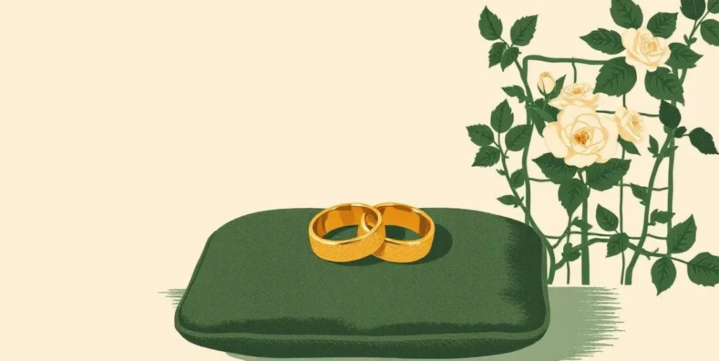 Illustration of two gold rings on a velvet cushion beside climbing roses
