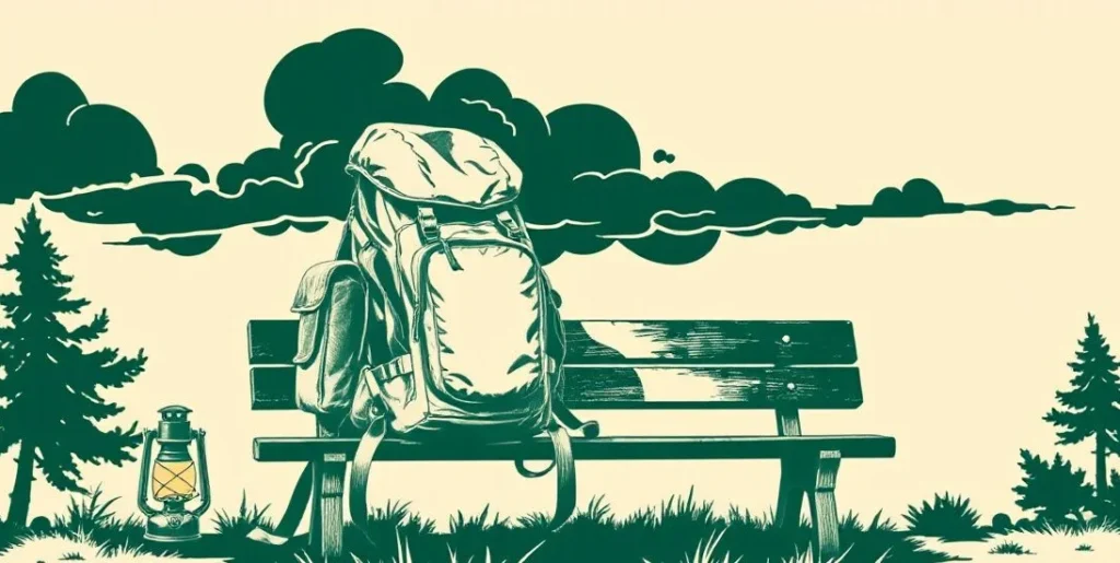 Illustration of a heavy backpack set down beside a lantern as clouds part
