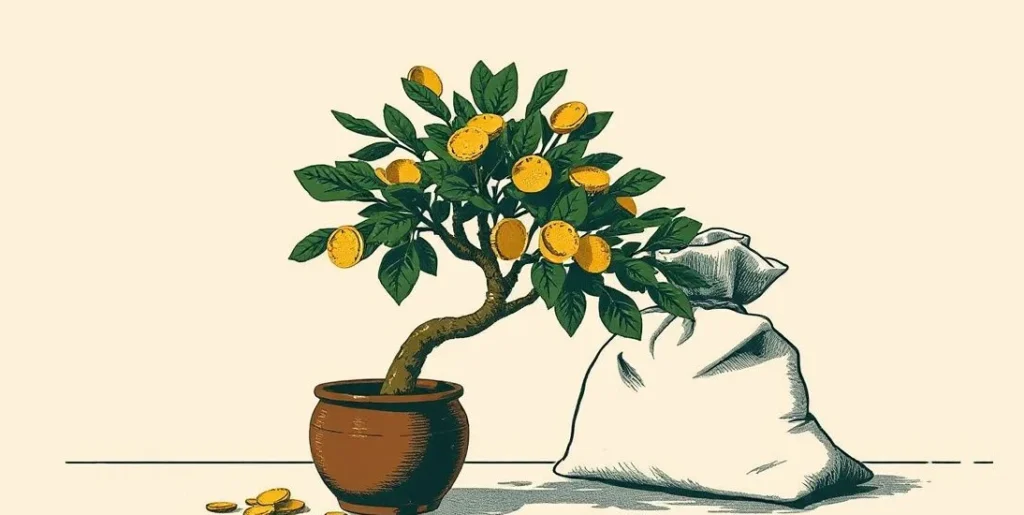 Illustration of a small money tree with round golden leaves beside an open cloth sack