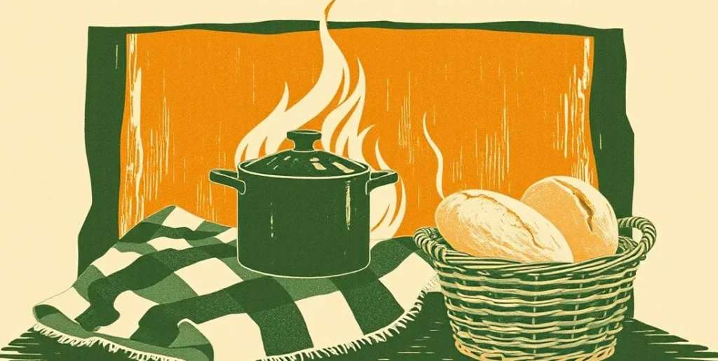 Illustration of a warm hearth with a simmering pot, a quilt and fresh bread