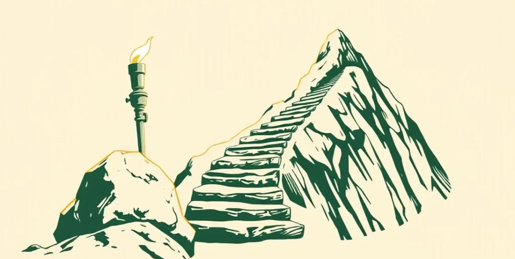 Illustration of a lit torch beside a stone stairway rising toward a bright summit