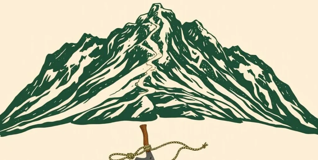 Illustration of an ice axe and rope at the foot of a rugged mountain range