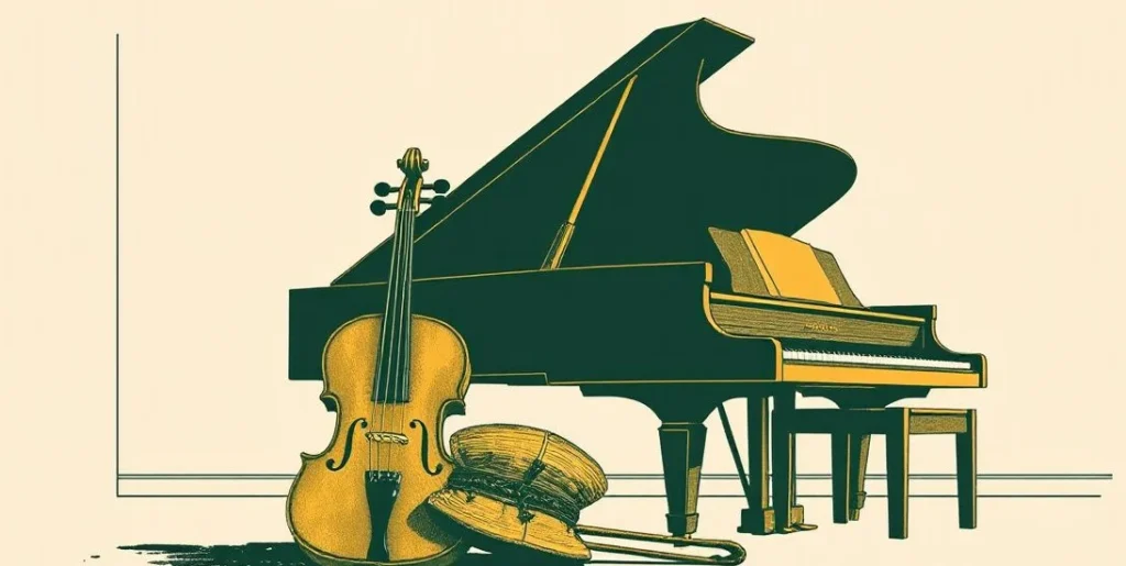 Illustration of a violin and bow beside a grand piano with its lid raised