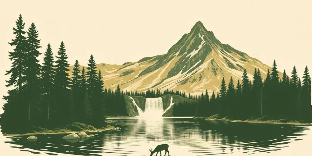 Illustration of a mountain lake with pines, a waterfall and a drinking deer