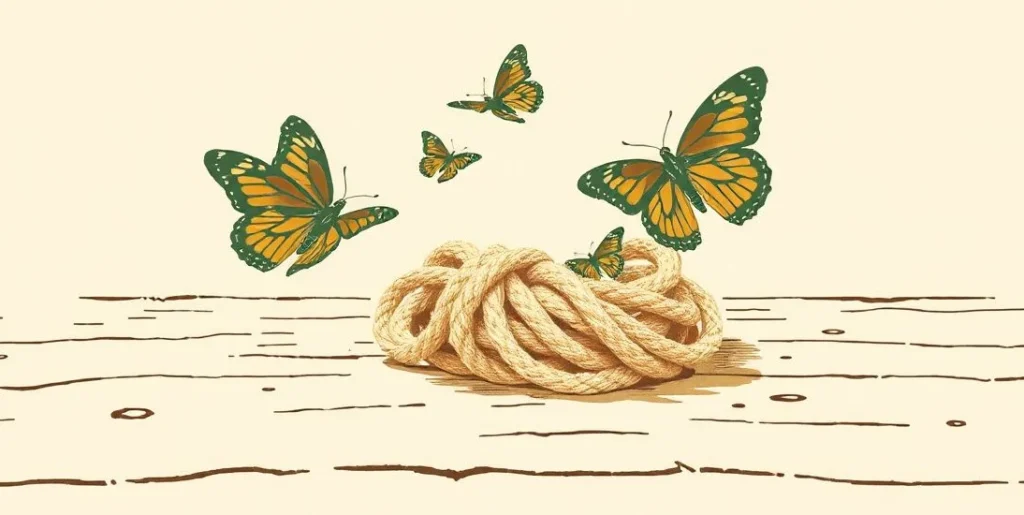 Illustration of butterflies fluttering around a knotted rope on a wooden table