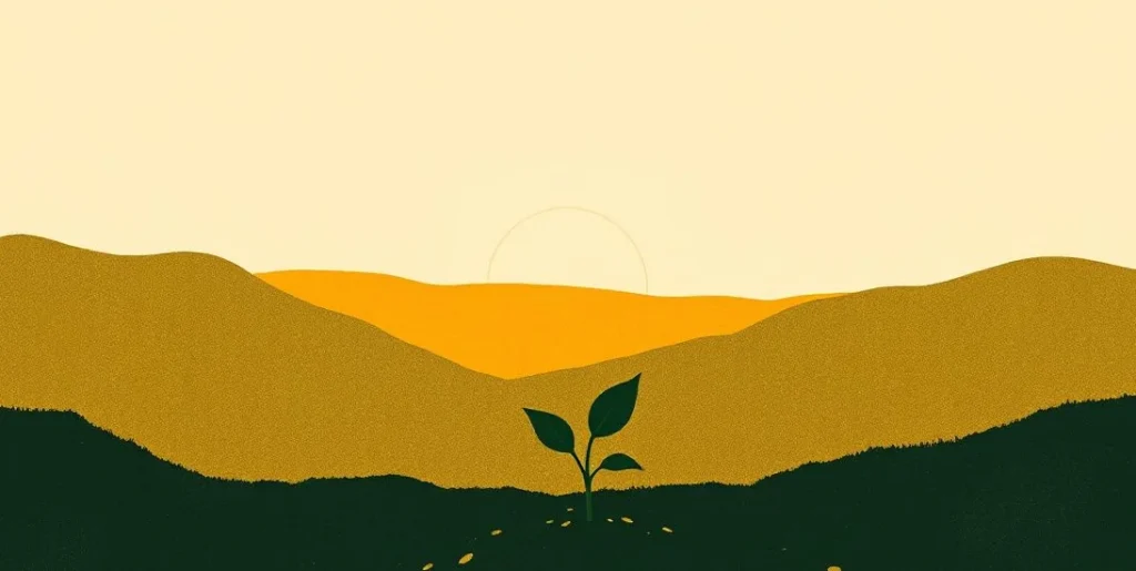 Illustration of a sunrise over a valley with a green sprout rising from the soil