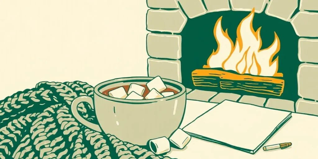 Illustration of a cup of cocoa with marshmallows beside a knitted blanket