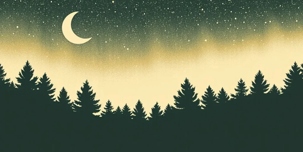 Illustration of a starry night sky and crescent moon over a pine forest