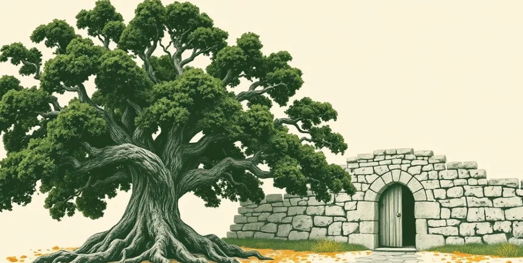Illustration of a gnarled ancient oak with twisted roots beside a crumbling stone wall