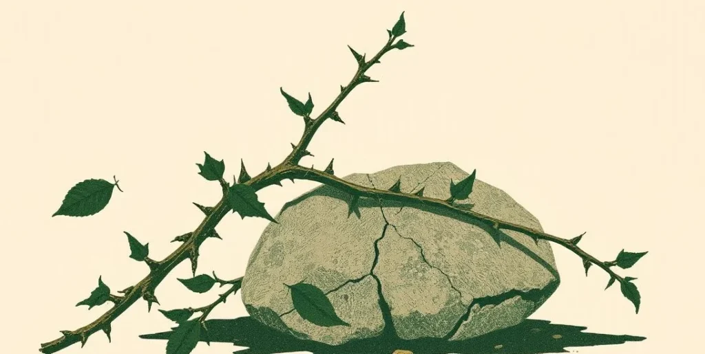 Illustration of a thorny bramble branch wrapped around a cracked stone