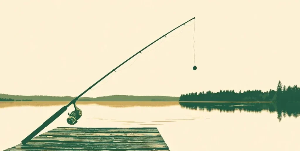 Illustration of a fishing rod propped on a dock over a still dawn lake