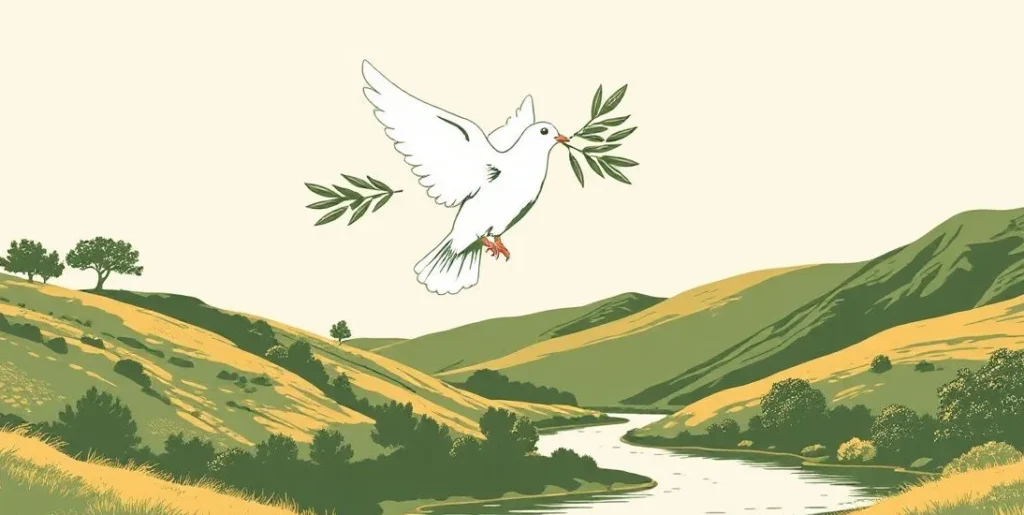 Illustration of a white dove carrying an olive branch over a calm valley