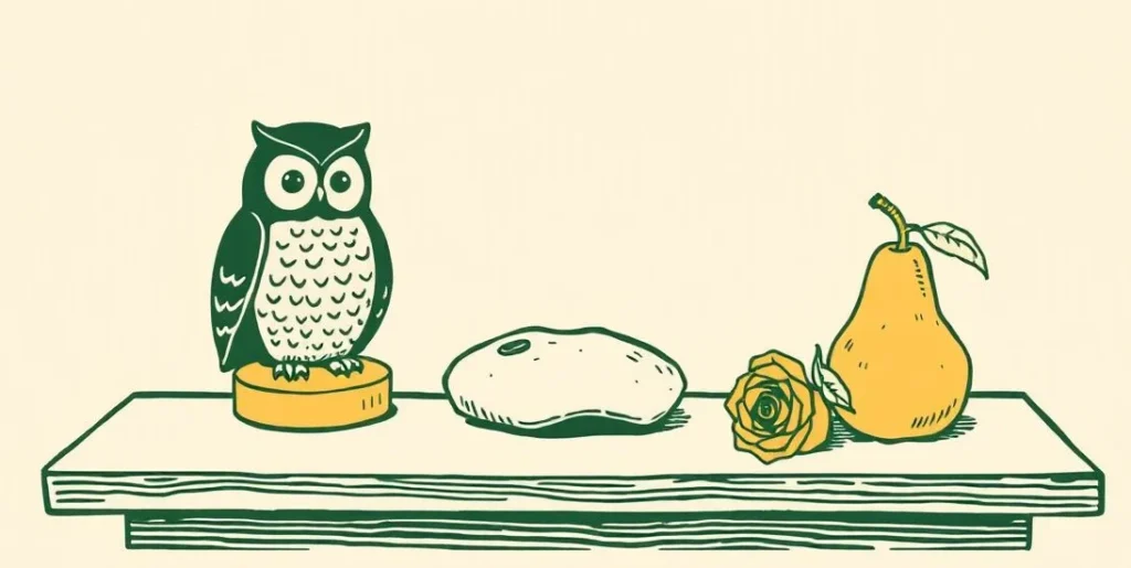 Illustration of an owl figurine, a river stone, a rose and a pear on a shelf