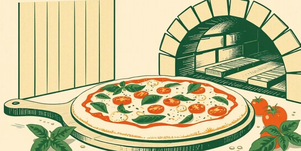 Illustration of a pizza on a wooden peel beside a brick oven