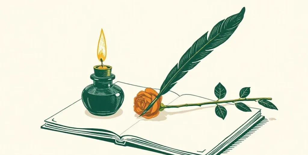 Illustration of a quill, inkwell, candle and pressed rose on parchment