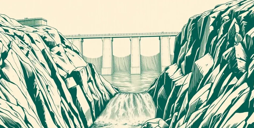 Illustration of a massive dam releasing torrents of water between cliffs