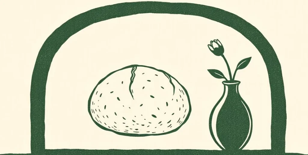 Illustration of bread rising in an oven beside a blossoming flower bud