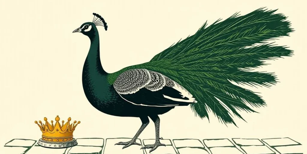Illustration of a peacock fanning its tail beside a golden crown