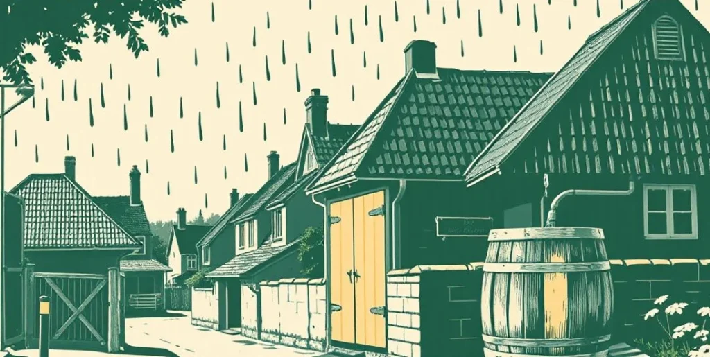 Illustration of gentle rain on village rooftops running into a rain barrel