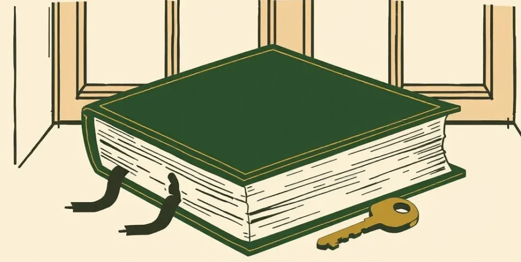 Illustration of a locked leather book with a brass key on a windowsill
