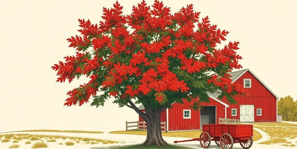Illustration of a red maple tree beside a red barn and a red wagon