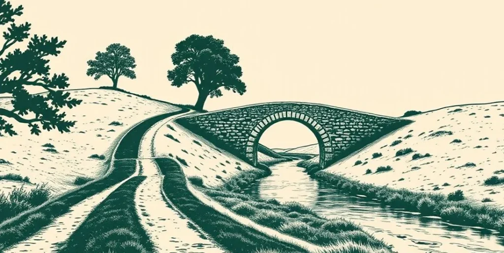 Illustration of two paths joining beside a half-built stone bridge over a river
