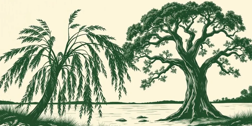 Illustration of a willow bending in the wind beside a sturdy oak