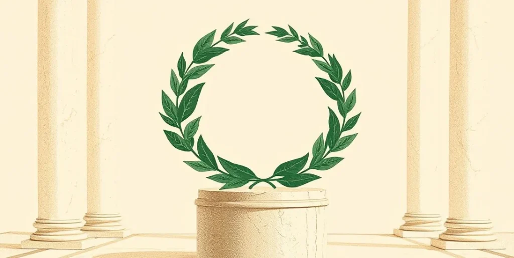 Illustration of a laurel wreath on a stone pedestal in a columned hall