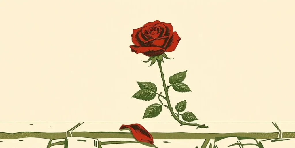 Illustration of a single red rose with thorns and a fallen petal