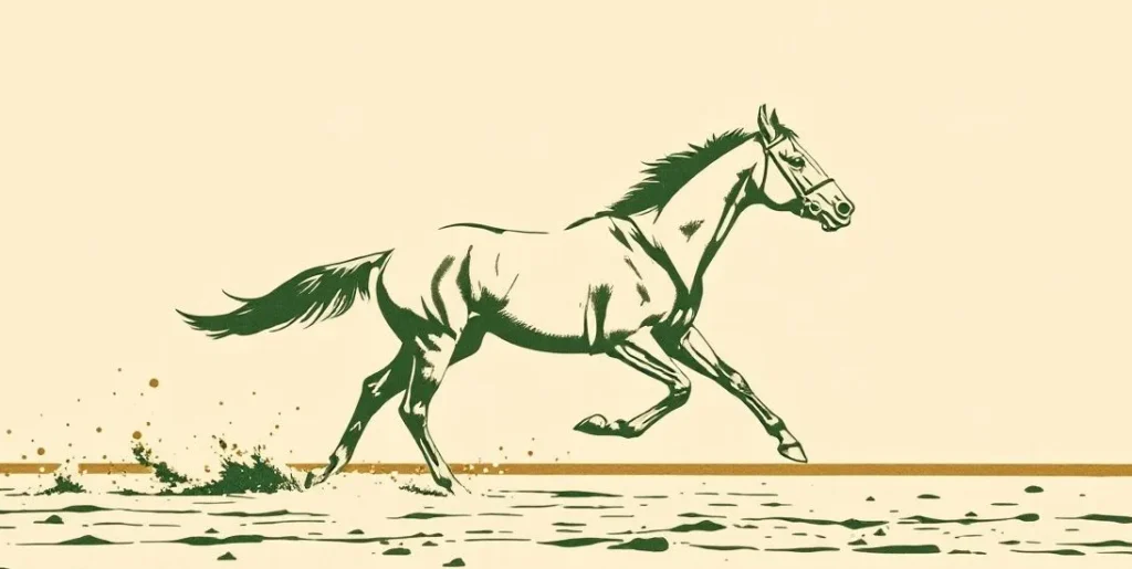 Illustration of a racehorse galloping down a dusty track