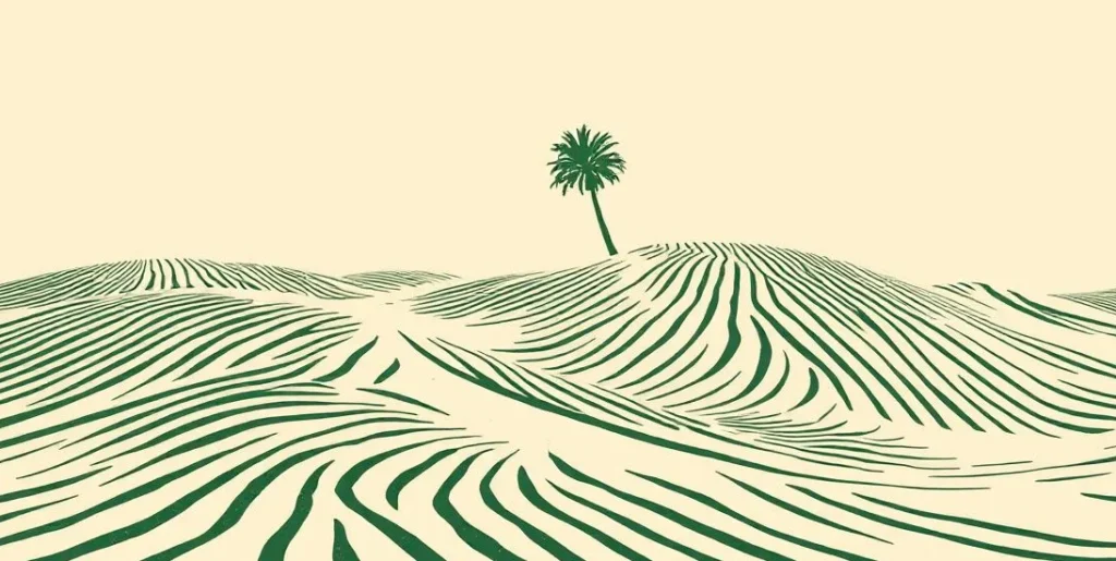 Illustration of rolling sand dunes rippled by wind with a palm tree
