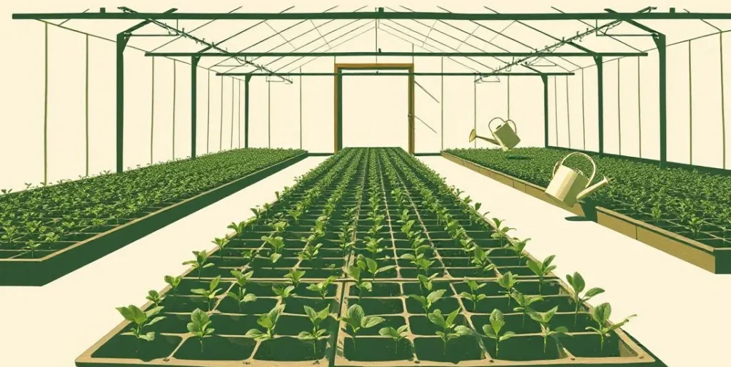 Illustration of rows of seedlings growing in a sunlit greenhouse