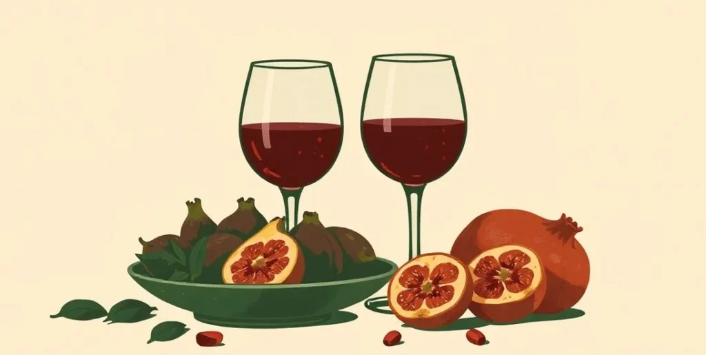 Illustration of two wine glasses beside figs and pomegranates on a candlelit table