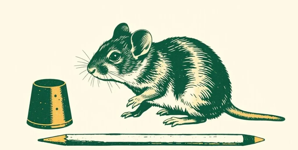 Illustration of a small mouse beside a thimble, an acorn and a stubby pencil