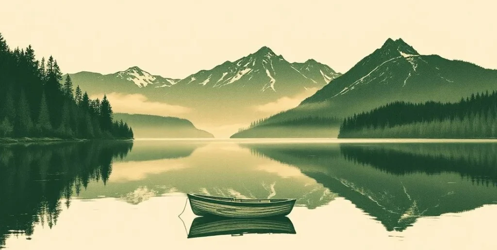 Illustration of a still mountain lake at dawn with mist and an empty rowboat