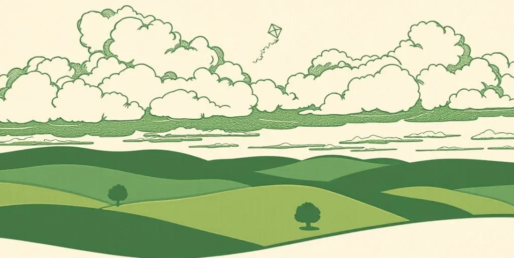 Illustration of billowing clouds over rolling hills with a distant kite