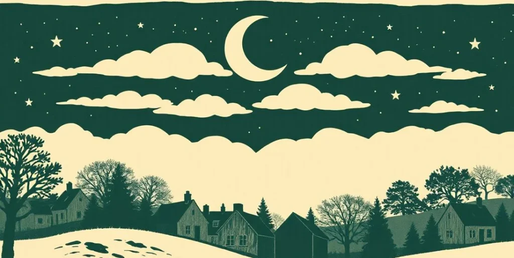 Illustration of a crescent moon in soft clouds above a sleeping village
