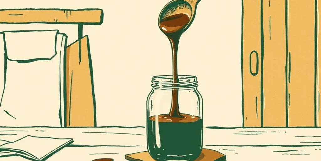 Illustration of thick molasses dripping slowly from a wooden spoon into a jar