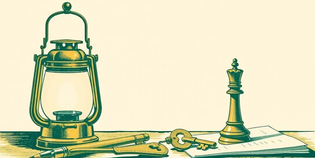 Illustration of a lantern, sharpened pencil, chess knight and brass key