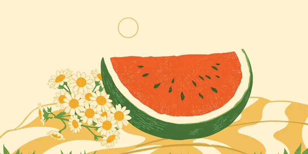 Illustration of a wide slice of watermelon on a picnic blanket in the sun