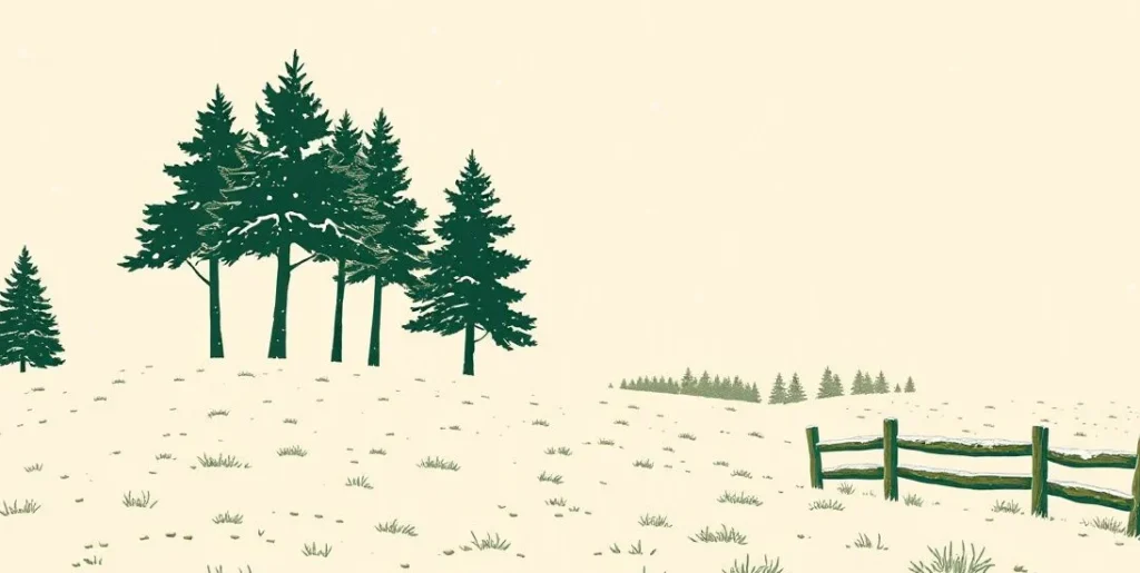 Illustration of snow falling on pine trees and a fence across a white field