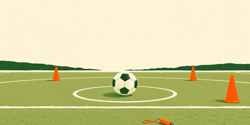Illustration of a soccer ball at the center circle beside orange cones